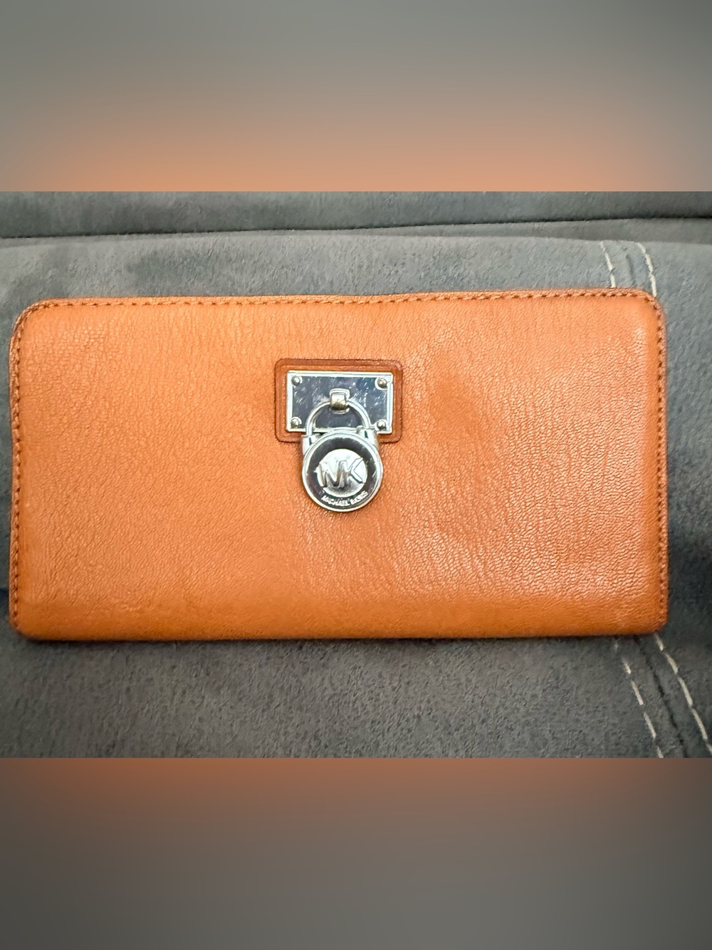 Michael Kors Cognac HAMILTON Large Leather Zip Wallet with Silver Tone Logo Lock